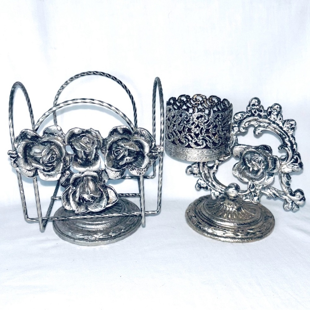 Vintage Hollywood Regency Silver Metal Rose Vanity Tissue Perfume Bottle Holder